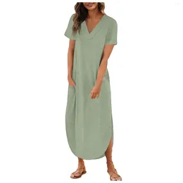 Casual Dresses 2024 Women's T Shirt Dress Short Sleeve V Neck Solid Long Side Split With Pockets Elegant Loose