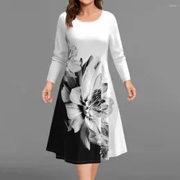 Casual Dresses Sexy Charm Printed Dress Slim Fit Long Sleeve Vintage A-line Midi With O-neck For Women Elegant Autumn