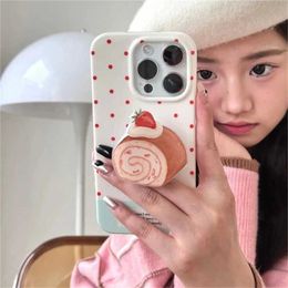 Cell Phone Mounts Holders INS Korean Cute 3D Strawberry Cake Griptok Bracket For iPhone 15 14 Lovely Universal Phone Holder Ring Support Stand Grip Tok