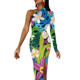 Casual Dresses Colourful Tropical Floral Long Dress Ladies Bright Flower Print Party Maxi One Shoulder Modern Bodycon Vestidos