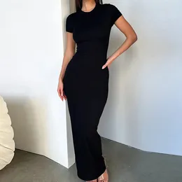 Casual Dresses Solid Black White Skinny Long Dress Women's Summer Fashion Plain Bodycon Maxi Tshirt Ladies Simple Slim