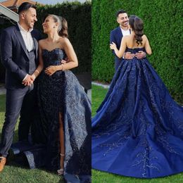 With Dress Stunning Blue Navy Overskirts Sweetheart Beading Lace Wedding Dresses Bridal Gowns Front Slit Sweep Train Designer Country Robe Mariage es