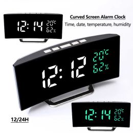 Clocks Curved Screen Digital Alarm Clock Time/Date/Temperature/Humidity Display 12/24h 3Alarms Brightness Adjustable Desk Table Clock