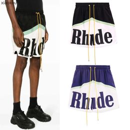 Rhude High end designer shorts for Trendy mens loose drawstring Colour blocking letter print sports casual shorts With 1:1 original labels