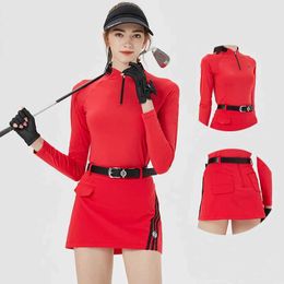 Women's Tracksuits Blkt Autumn Women Long Slve Shirt Zipper Collar Sports Tops Ladies Elastic Pencil Skirt Anti-exposure Stripe Skort Y240507