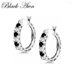 Hoop Earrings 2024 Classic Silver Colour Round Black Trendy Spinel Engagement For Women Fashion Jewellery I174