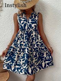 Women Boho Print Mini Dress Summer Elegant Sleeveless V Neck Ruffle A Line Tank Casual Loose Oversize Beach Party Sundress 240420