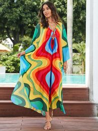 Boho Print Handmade Knitting V Neck Long Sleeve Loose Kaftan Women Summer Dress Plus Size Beachwear Swimsuit Cover Up Q1588