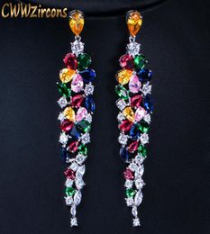 CWWZircons Multi Colour Flower Shape Statement Cubic Zirconia Long Dangling Earrings Fashion Bridal Wedding Party Jewellery CZ422 2207847959