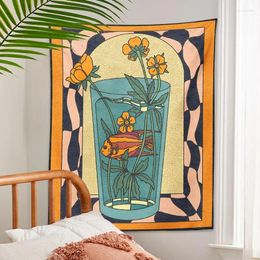 Tapestries Vintage Inspired Tapestry Wall Hanging Vase Goldfish Flower Decor Minimalist Print Bohemian Art Mural