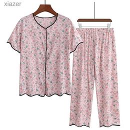 Women's Sleepwear XL-5XL printed pajama set for middle-aged and elderly mothers V-neck short sleeved nine point pants set plus size pajamas womens home clothing WX
