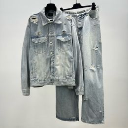 2023 SS Supper Trendy Distressed Denim Jacket and Jeans Set - European Sizes