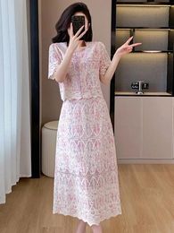 Work Dresses High Quality Summer Floral Embroidery Two Piece Sets Women Suits Elegant OL O Neck Shirt Mid Skirts 2 Outfits Female