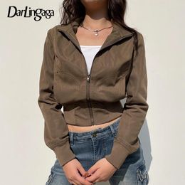 Women's Jackets Harajuku Brown Y2K High Waist Bomber Jacket Autumn Winter Casual Tech Zip Up Coat Cropped Stand Collar Outwear