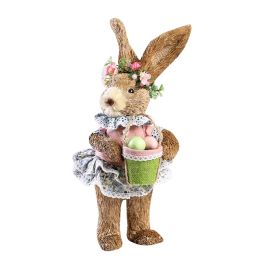 Miniatures Easter Rabbit Ornament Handmade Artificial Straw Bunny with Egg Basket Standing for Doll Home Garden Decor