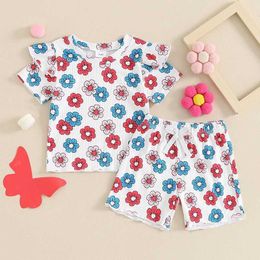 Clothing Sets Toddler Kids Clothes Baby Girls Summer Ruffles Short Sleeve O-neck T-shirts Tops+Elastic Waist Shorts Outfits H240507