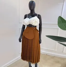 Work Dresses Women's Casual Sleeveless Suspender Two-piece High Waisted Irregular Lace Up Pleated Skirt Medium Length A-line