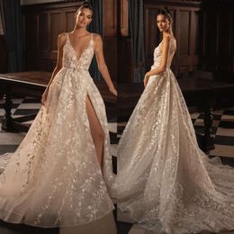 För linje berta en klänningar brud v hals slitspets bröllopsklänning vestidos de novia rygglösa applikationer designer brudklänningar estidos ppliques signer