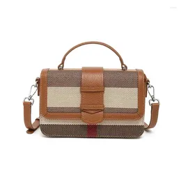 Totes 2024 Plaid Women Handbags Small Genuine Leather Shoulder Bags Excellent Stripe Canvas Purse Brand Design Cowhide Messenger Bag