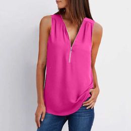 Women's T-Shirt Plus Size S-5XL Chiffon Blouse Women Shirt Summer Sexy Sleless V Neck Zipper Blusas Casual Loose Tees Tank Tops Ladies Shirt d240507