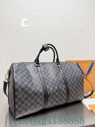 Size 50cm High quality black plaid designer duffel bag Men's Women Luxury leather travel bag Large capacity zipper coated unisex canvas tote