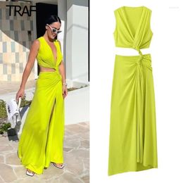 Casual Dresses Green Dress Women Slit Long V-Neck Pleated Sleeveless Summer Woman 2024 Holiday Evening Frock