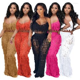 Women's Two Piece Pants Hollow Out Hand Crochet Tassel 2 Sets Women Sexy Summer Beach Suits Lace Up Bra Top Straight Holiday Knitted Outfits