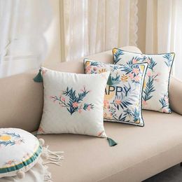 Cushion/Decorative Nordic Light Luxury Blue Plant Floral Print Cushion Cover 45*45 Dutch Fleece Hand Fringed Round Square Covers Decorative