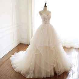 Organza Straps Arrival Glamorous Length Floor Spaghetti Lace Applique Wedding Dress Hot Sales New Design