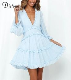 DICLOUD Women Polka Dot Dress Baby Blue Autumn Long Sleeve Clothes Cutout Back Sexy Mini Party Dress Fashion Outfit Ladies LJ20096171671