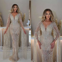 Long Sleeves V Neck Glamorous Dresses Mermaid Wedding Shining Applicants Beads Floor Length Backless Custom Made Plus Size Bridal Gown Vestidos De Novia