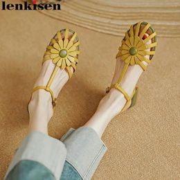 Casual Shoes Lenkisen Cow Leather Sweet Summer Buckle Straps Breathable Flowers Chunky Heels British School Comfor Sandals For Women