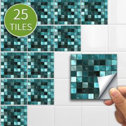 Stickers 25pcs/Set Green Mosaic Tile sticker Self Adhesive Waterproof Mural For Bathroom Restaurant Wall Decoration Decal Wallpaper Tiles