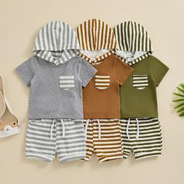 Clothing Sets Pudcoco Toddler Baby Boys Summer Shorts Short Sleeve Hooded Tops And Drawstring Striped 0-3T