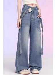 Women's Jeans American Ribbon Cute Bear Niche Women High-Waisted Loose Straight Casual Wide-Leg Floor-Length Ins Girls Denim Pants