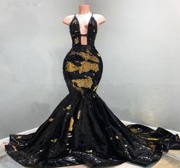 Deep VNeck Backless Black and Gold Mermaid Prom Dresses 2020 Sparkly Sequins Velvet Plus Size Long African Evening Formal Dress3450936