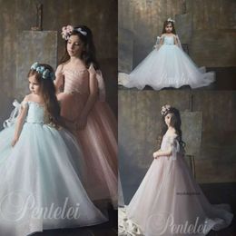 Lovely Ball Gown Flower Girl Dresses Off Shoulder Sleeveless Bow Sequins Crystal Pageant Dress Floor Length Girl's Birthday Party 0431