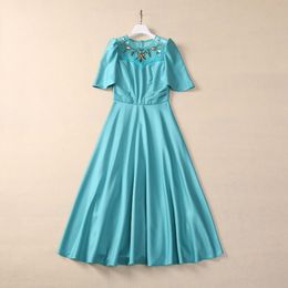 Summer Green Floral Beaded Tulle Panelled Dress Short Sleeve Round Neck Sequins Midi Casual Dresses S4A250418