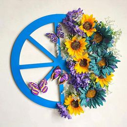 Decorative Flowers Front Door Decor Spring Wreaths With Blue Wheel Home Decoration Round Garland For Indoor Outdoor Thanksgiving And Bee