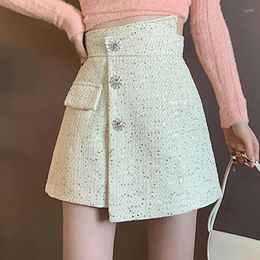 Women's Shorts Women 2024 Spring Summer High Waist Tweed Button Casual A-line Office Zipper Vintage Irregular Solid Trousers