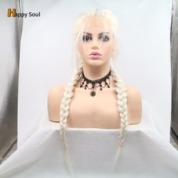 Wig White Braided Synthetic Lace Front Wig Hand Tied Braided Forehead Perucas Simulated Wig Glueless White Heat Resistant Fibre Hair Wig