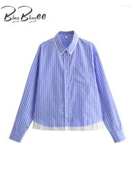 Women's Blouses BlingBlingee 2024 Summer Striped Print Patchwork Women Loose Shirt Long Sleeve Pocket Front Oversize Blouse Female Top