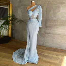 Blue Mermaid Sparkling Prom Dresses Princess Shoulder One Long Sleeve Appliques Sequins Lace Ruffles Fashion Floor Length Party Gowns Plus Size Custom Made 0431