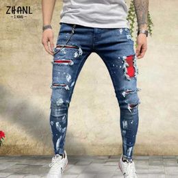 Men's Jeans Blue Skinny Mens Jeans Plaid Patchwork Joggers Pants Fashion Paint Painting Strtwear Slim Gray Hip Hop Casual Trousers Male Y240507