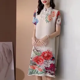 Party Dresses Retro Chinese Style Short-sleeved Printed Pleated Dress Female 2024 Summer Stand-up Collar Buckle Age-reducing Skirt