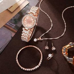 Women's Watches 6pcs Jewellery Set Rose Gold Luxury Women Ring Necklace Earring Rhinestone Fashion Wrist Casual Ladies es