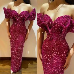 Pink Prom Rosy Dresses Elegant Sweetheart Off Shoulder Sequin Evening Dress Pleats Ruffle Formal Long Special Ocn Party Dress