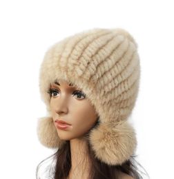 Fashion Women Real mink hat Winter warm mink fur knit hats Women fur ball cap Q1905293389472