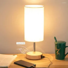 Table Lamps Bedside Lamp With USB Port - Bedroom Wood Touch Control 3 Way Dimmable Round Linen Fabric Shade