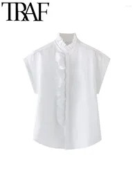 Women's Blouses White Women Asymmetric Shirt 2024 Summer Cloak Sleeve Ruffles Frill Neck Buttons Sleeveless Blouse Office Female Top